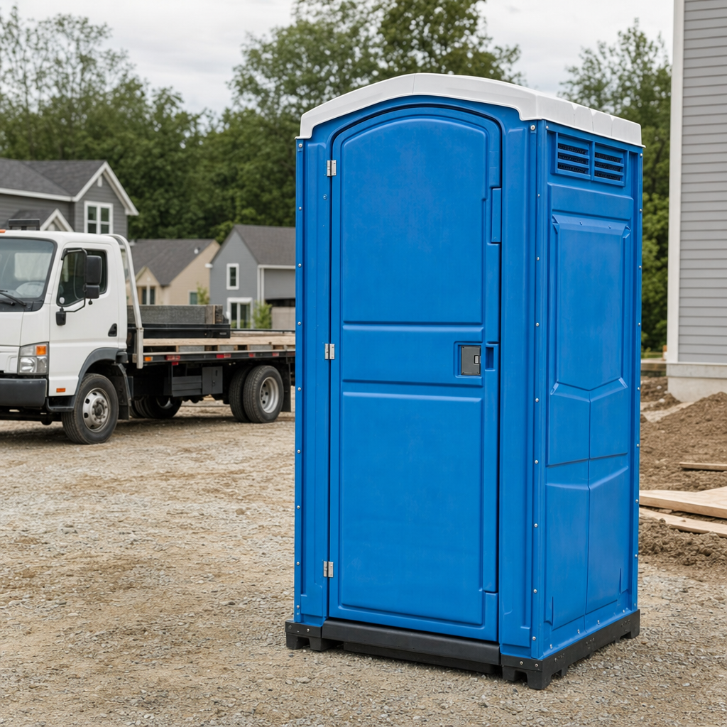 Delivery driver positioning a clean royal-blue portable toilet on level ground at a Montgomery worksite