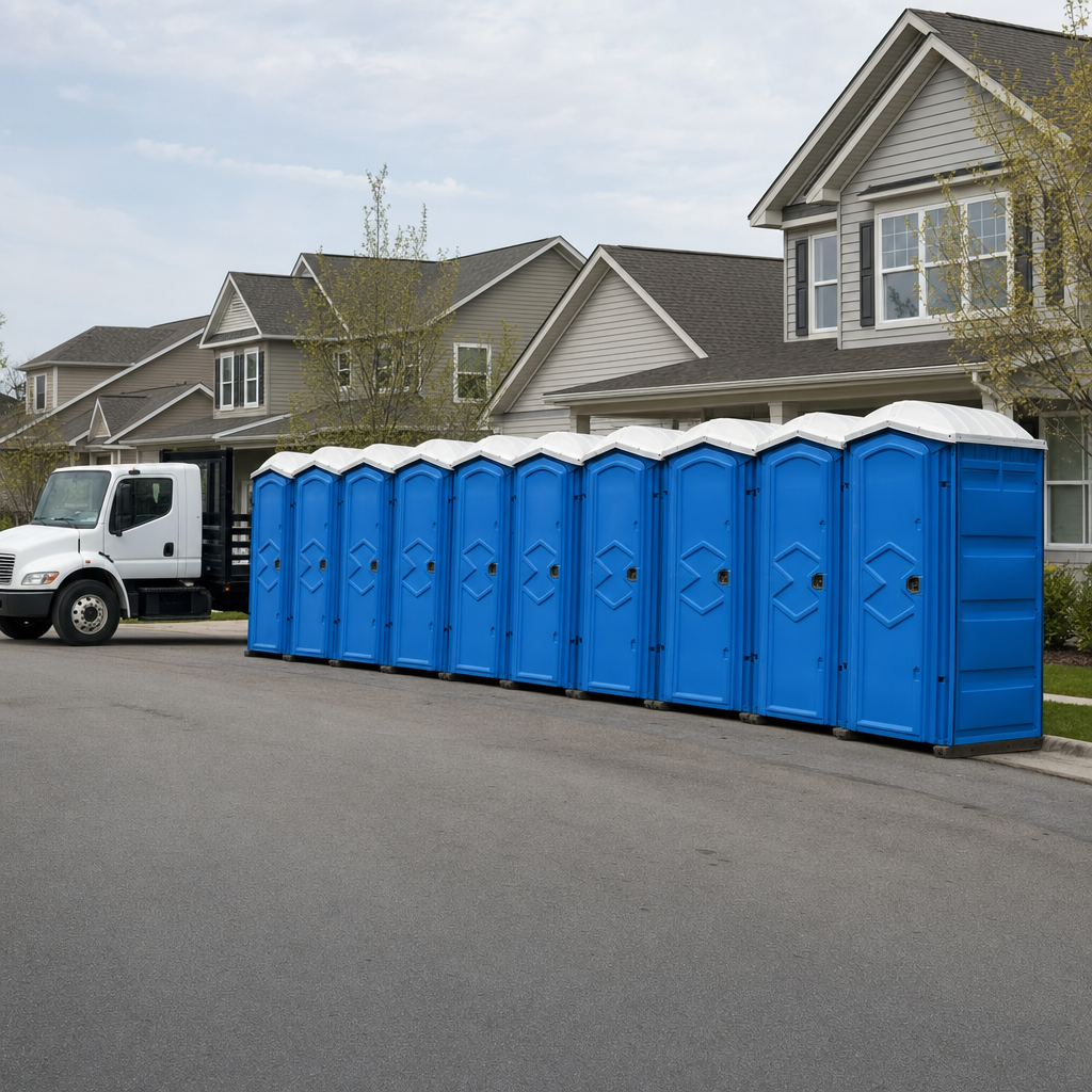 Royal blue portable toilets staged in a tidy row at a Montgomery jobsite, ready for delivery